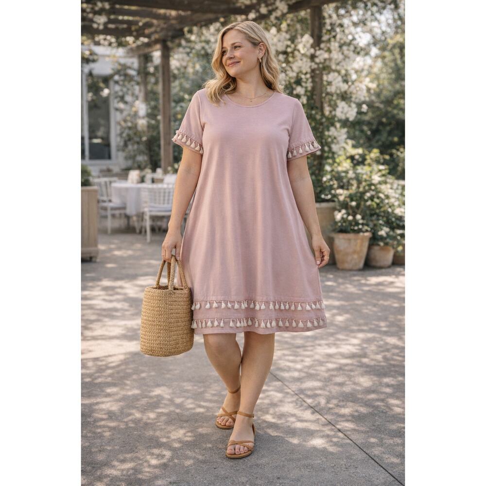 Shein Blush Pink Tassel Trim Swing Dress Short Sleeve A-Line Size L EUC